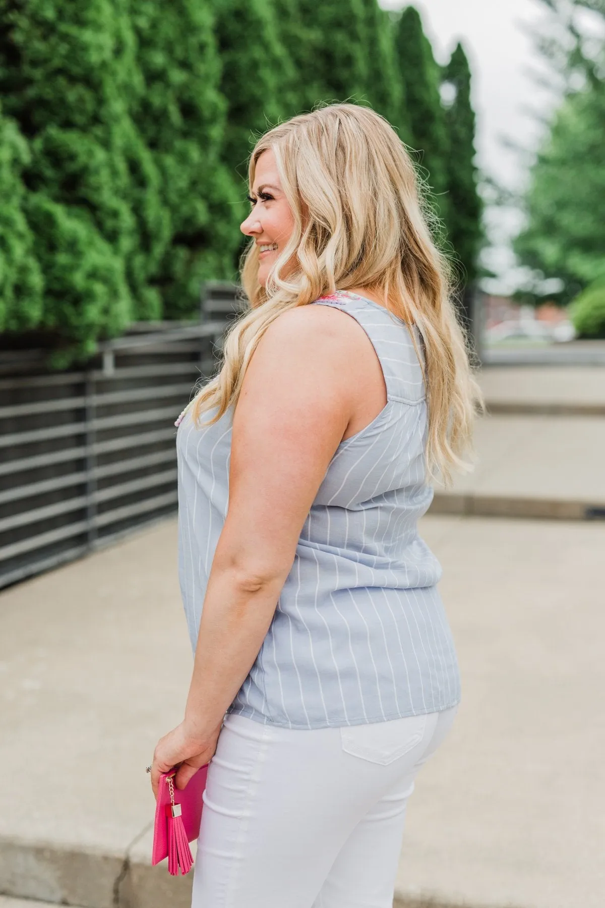 Detailed Embroider & Striped Tank Top- Light Blue