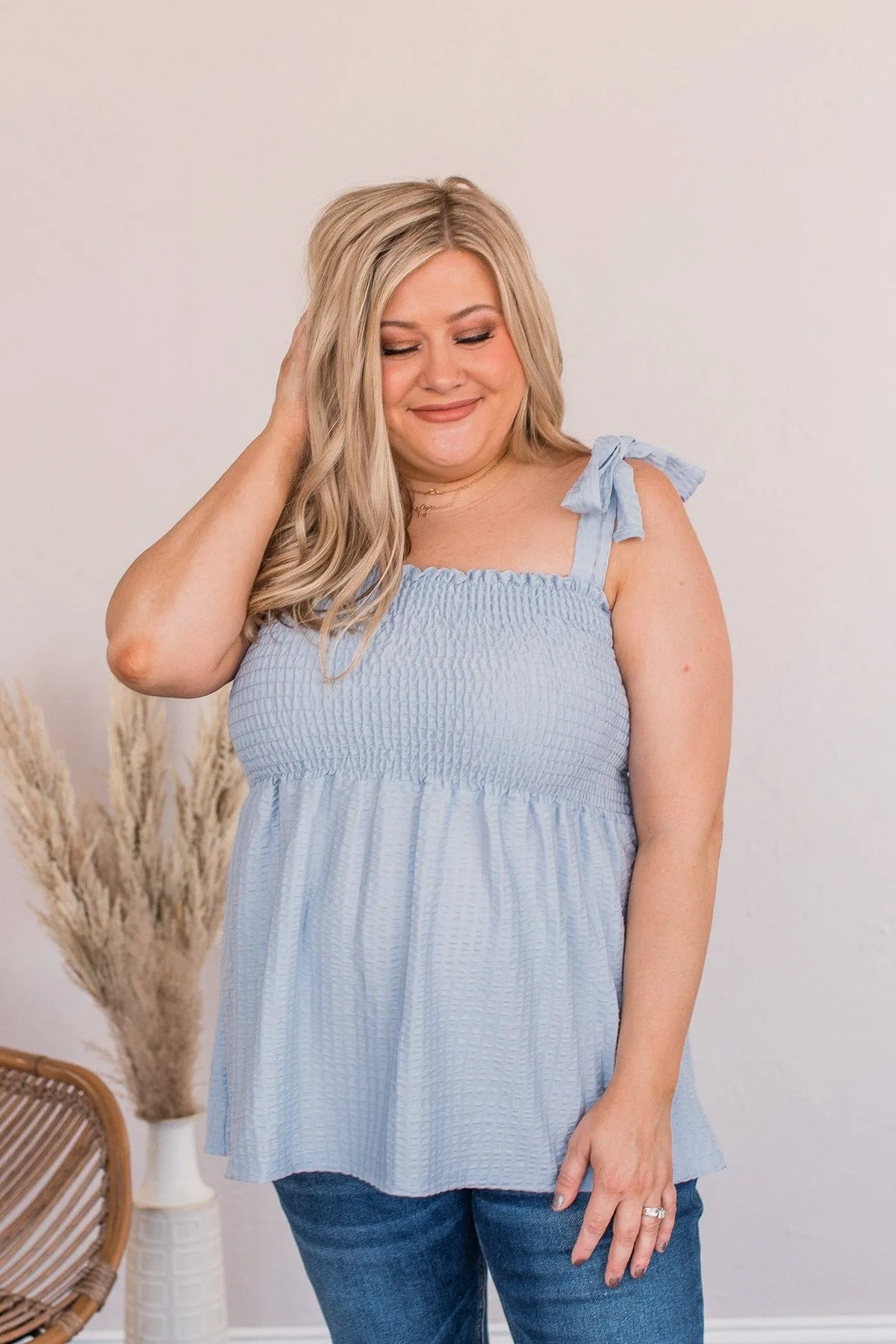 Down The Path Smocked Tank- Denim Blue
