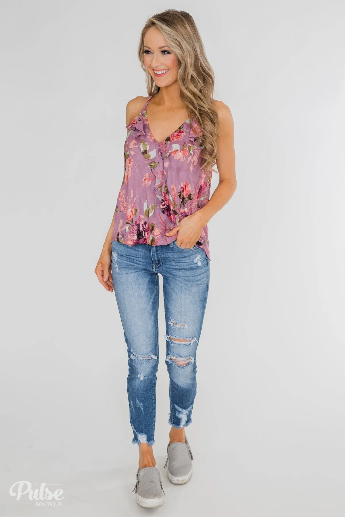 Dreaming of Floral Ruffle Tank Top - Orchid