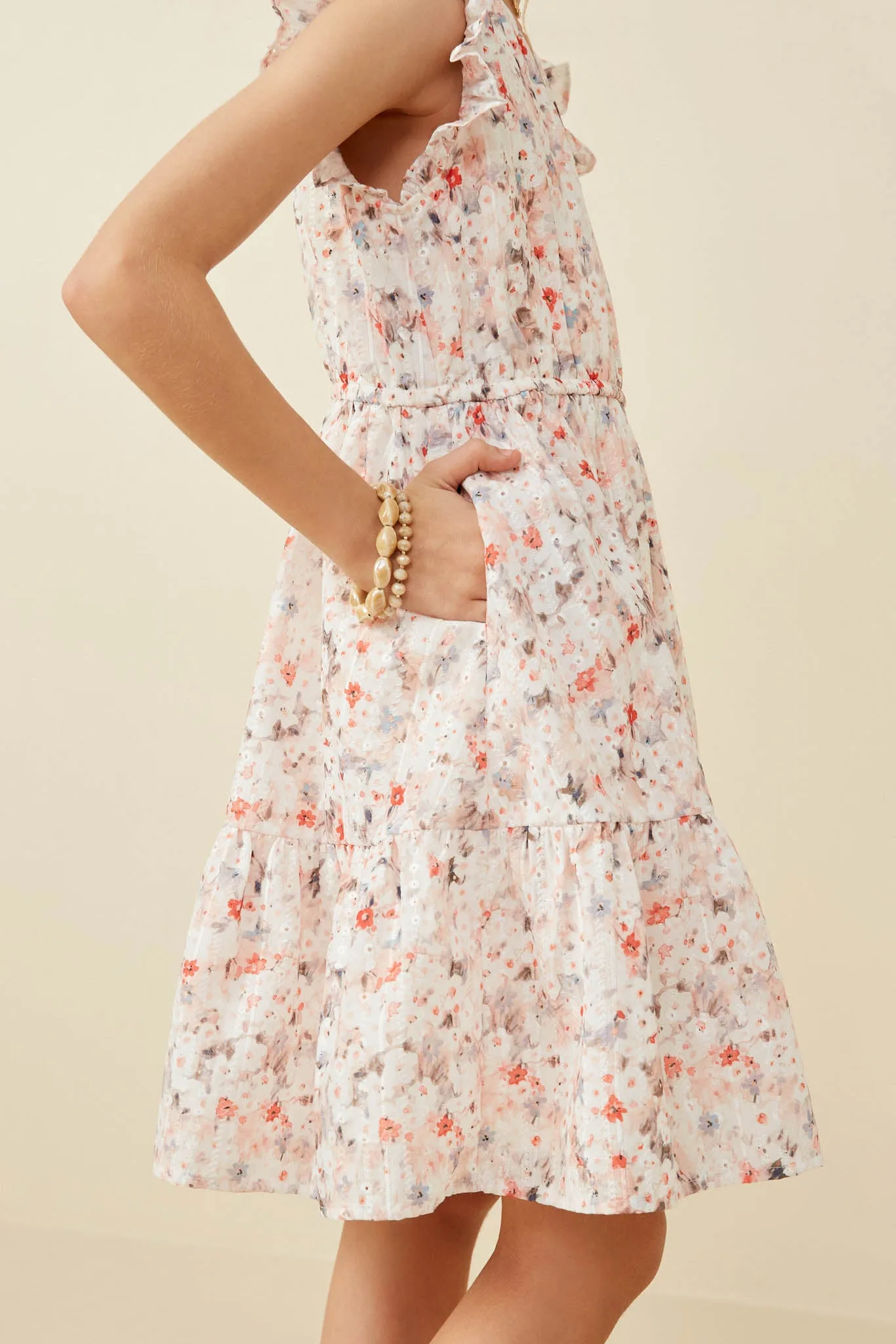 Floral Print Eyelet Ruffle Tank Dress