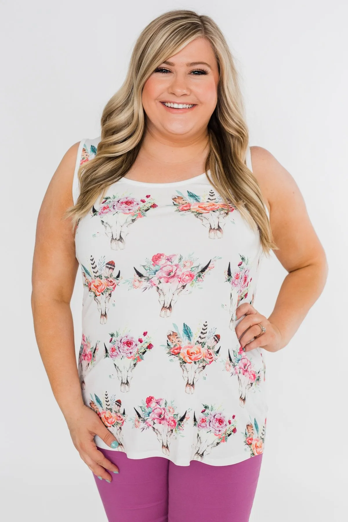 Floral Skull Tank Top- White
