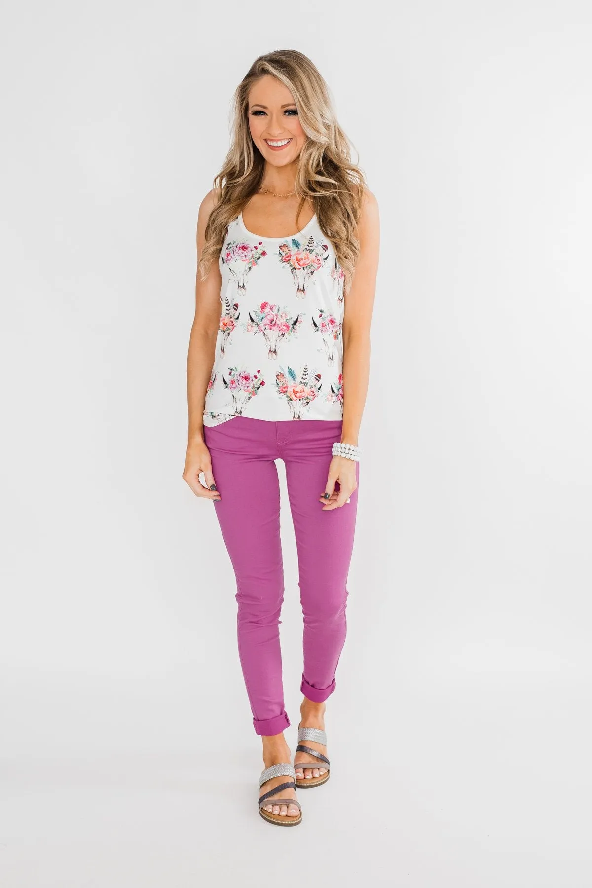 Floral Skull Tank Top- White
