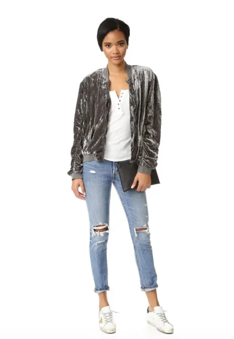Free People Ruched Velvet Bomber Jacket | Navy