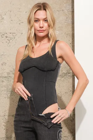 Garment Washed Raw Edge Bust Curve Bodysuit