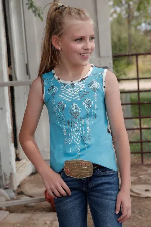 Girls Cruel Girl Blue Aztec Print Tank with Brown/White Cow Print Back