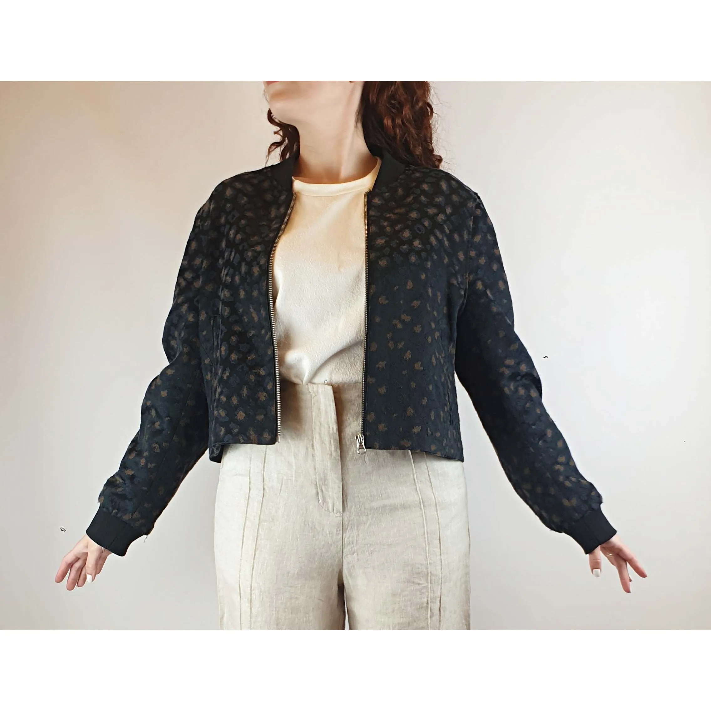 Gorman black bomberjacket with navy and tan embroydered print size 14 (tiny fit, best fits 10)