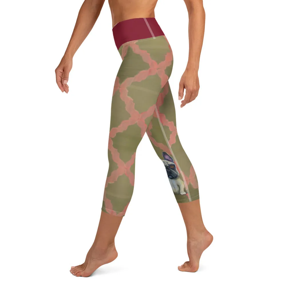 Grey & Pink Yoga Capri Leggings with French Bulldog