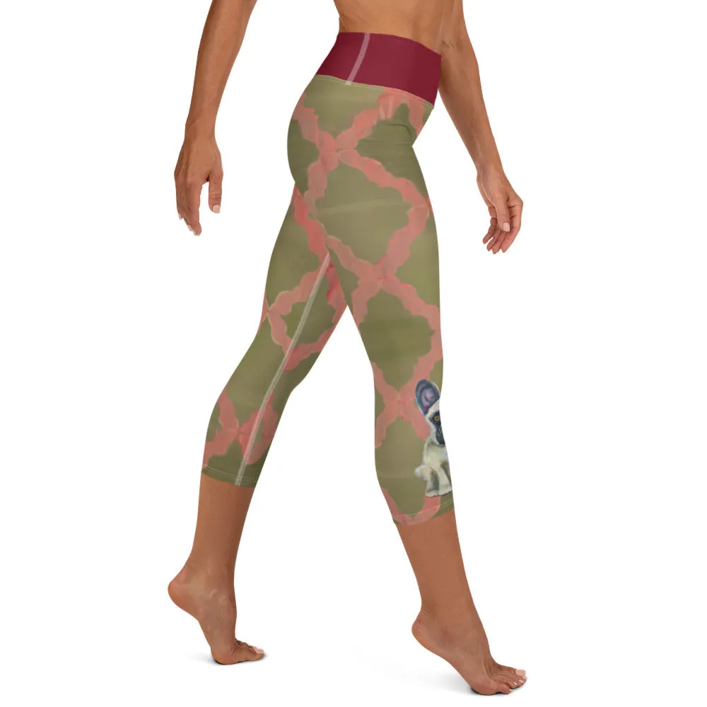Grey & Pink Yoga Capri Leggings with French Bulldog