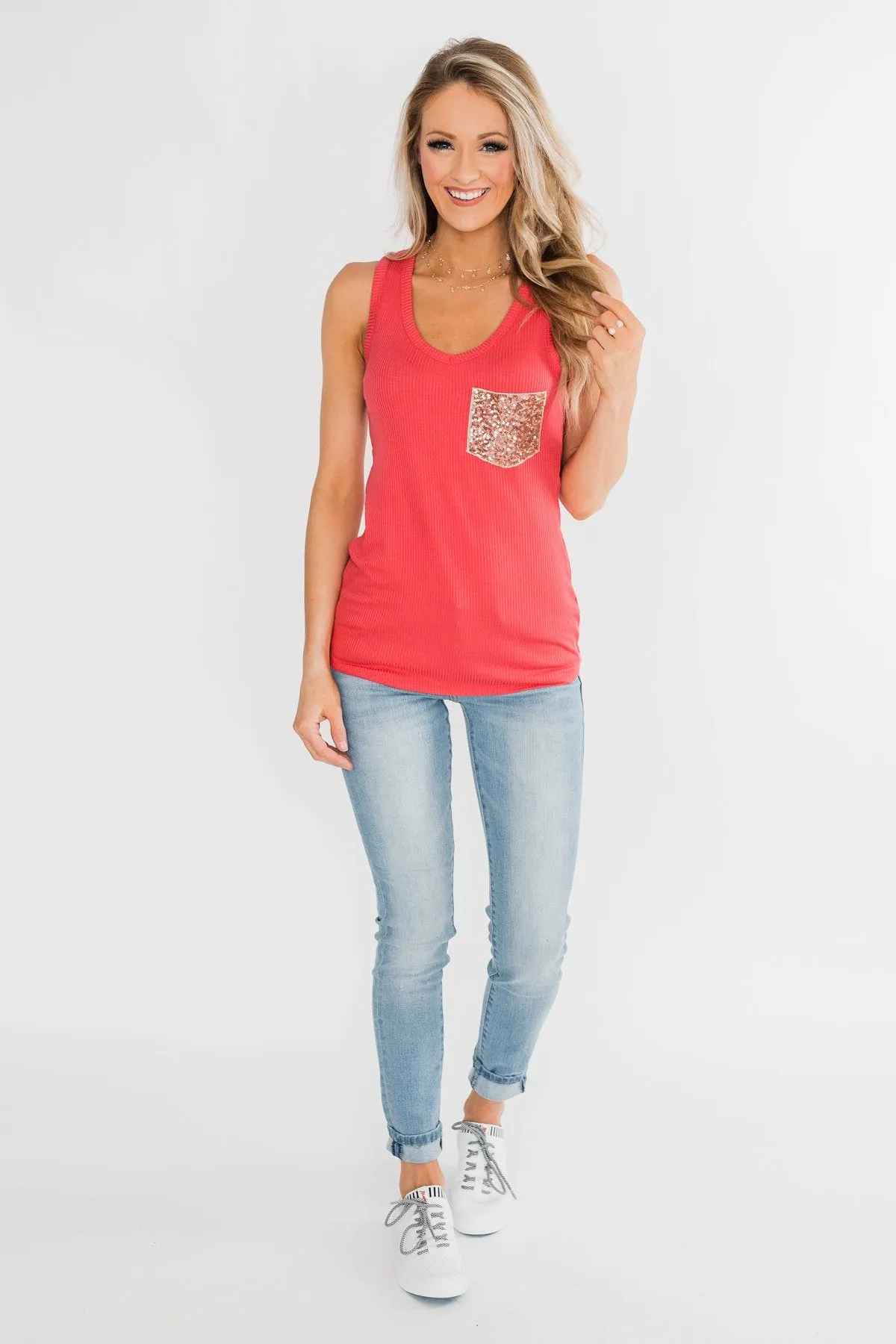 Hello Gorgeous Sequin Pocket Top- Dark Coral