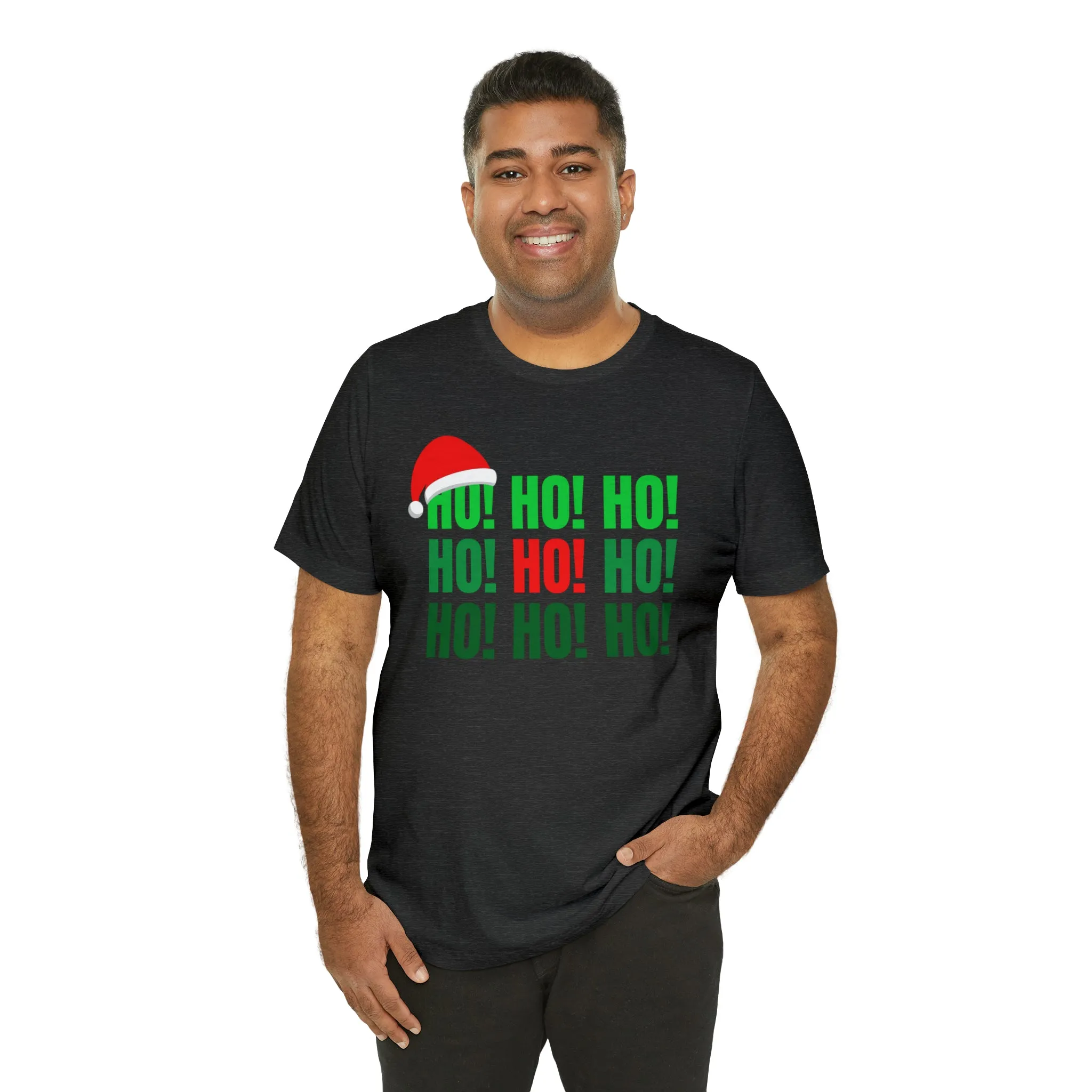 HO! HO! HO! Santa Hat T-Shirt | Red and Green Ho Ho Ho Tee |  Bella Canvas 3001Unisex | Funny Short Sleeve Tshirt