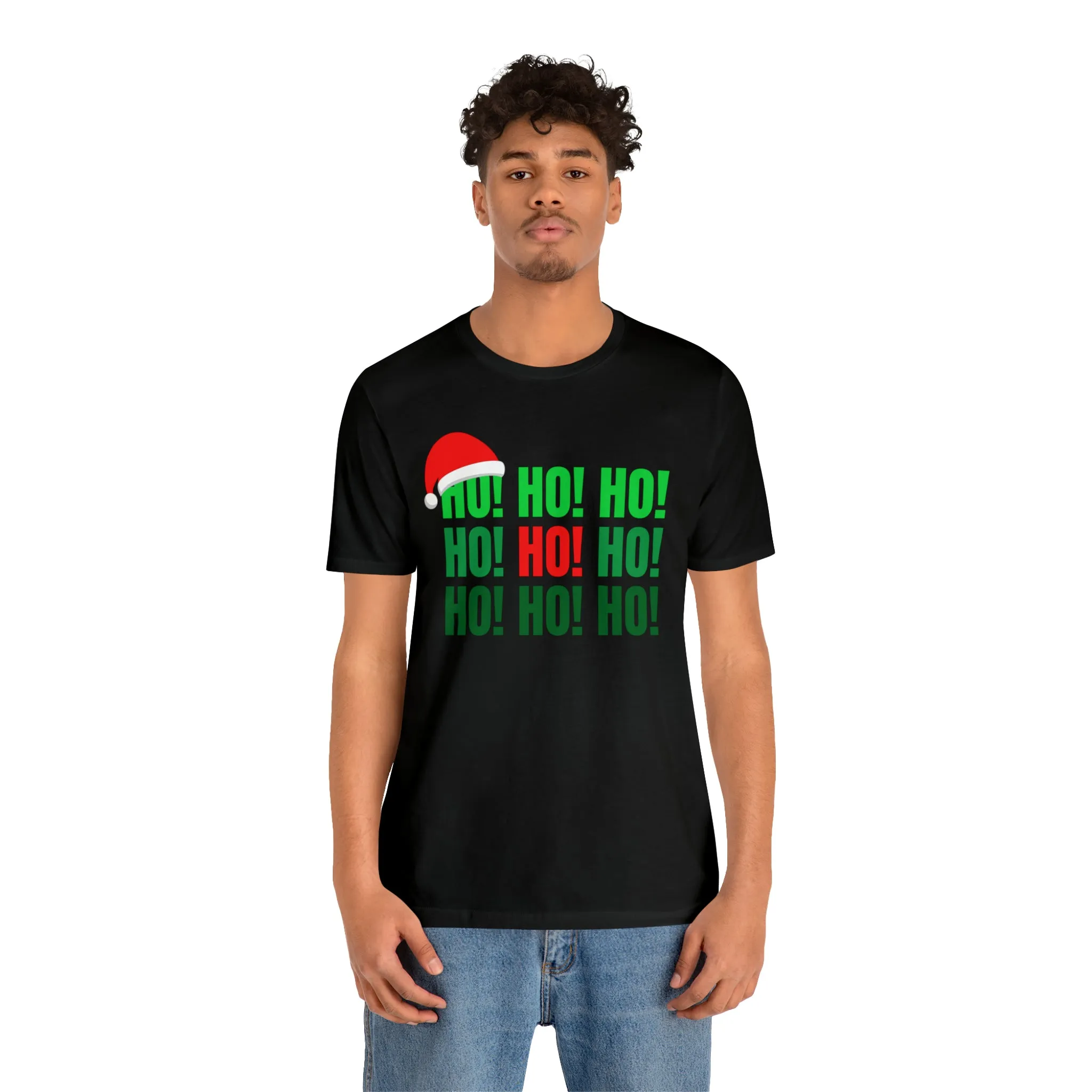 HO! HO! HO! Santa Hat T-Shirt | Red and Green Ho Ho Ho Tee |  Bella Canvas 3001Unisex | Funny Short Sleeve Tshirt
