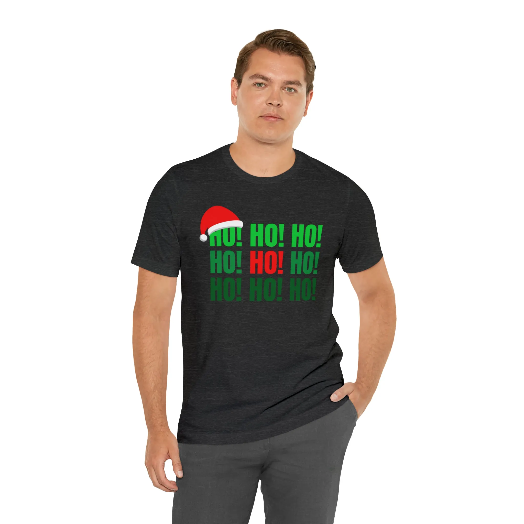 HO! HO! HO! Santa Hat T-Shirt | Red and Green Ho Ho Ho Tee |  Bella Canvas 3001Unisex | Funny Short Sleeve Tshirt