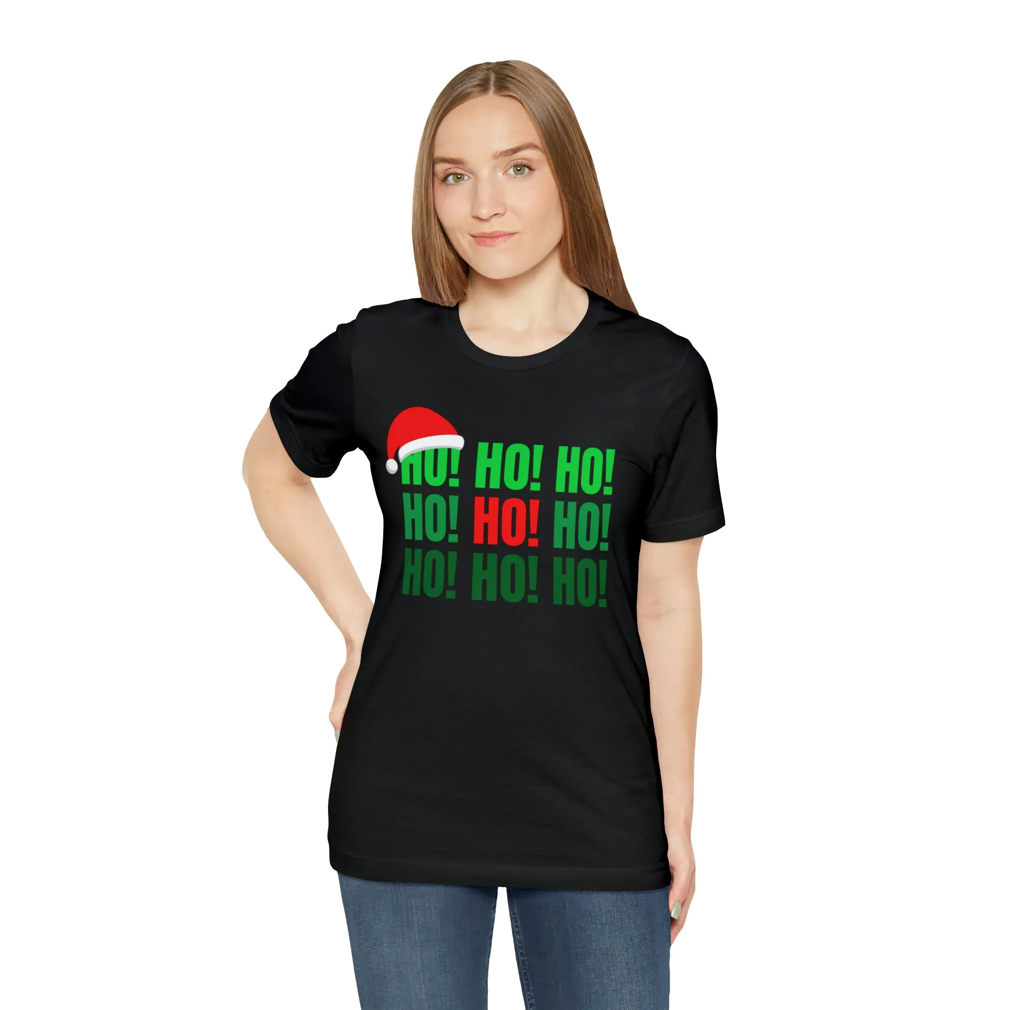 HO! HO! HO! Santa Hat T-Shirt | Red and Green Ho Ho Ho Tee |  Bella Canvas 3001Unisex | Funny Short Sleeve Tshirt