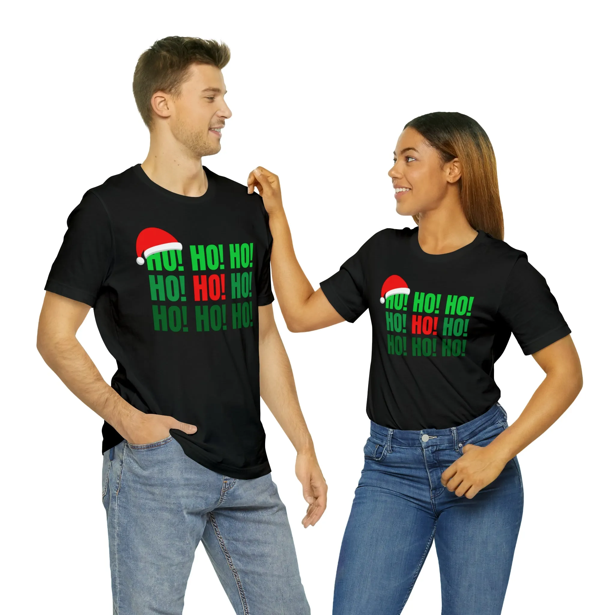 HO! HO! HO! Santa Hat T-Shirt | Red and Green Ho Ho Ho Tee |  Bella Canvas 3001Unisex | Funny Short Sleeve Tshirt