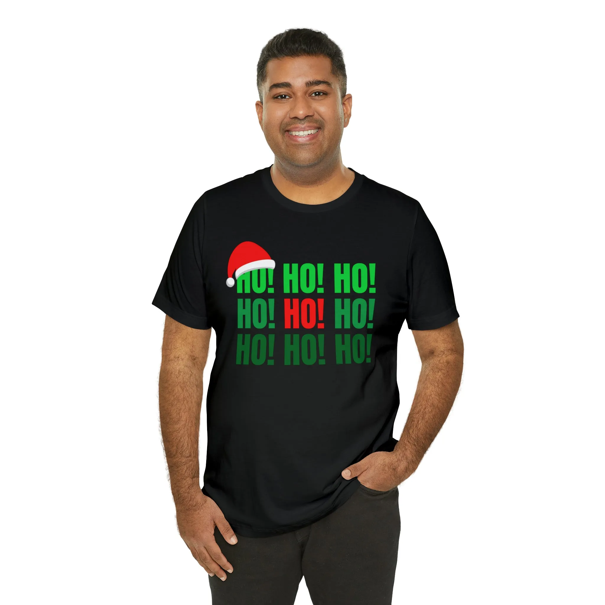 HO! HO! HO! Santa Hat T-Shirt | Red and Green Ho Ho Ho Tee |  Bella Canvas 3001Unisex | Funny Short Sleeve Tshirt