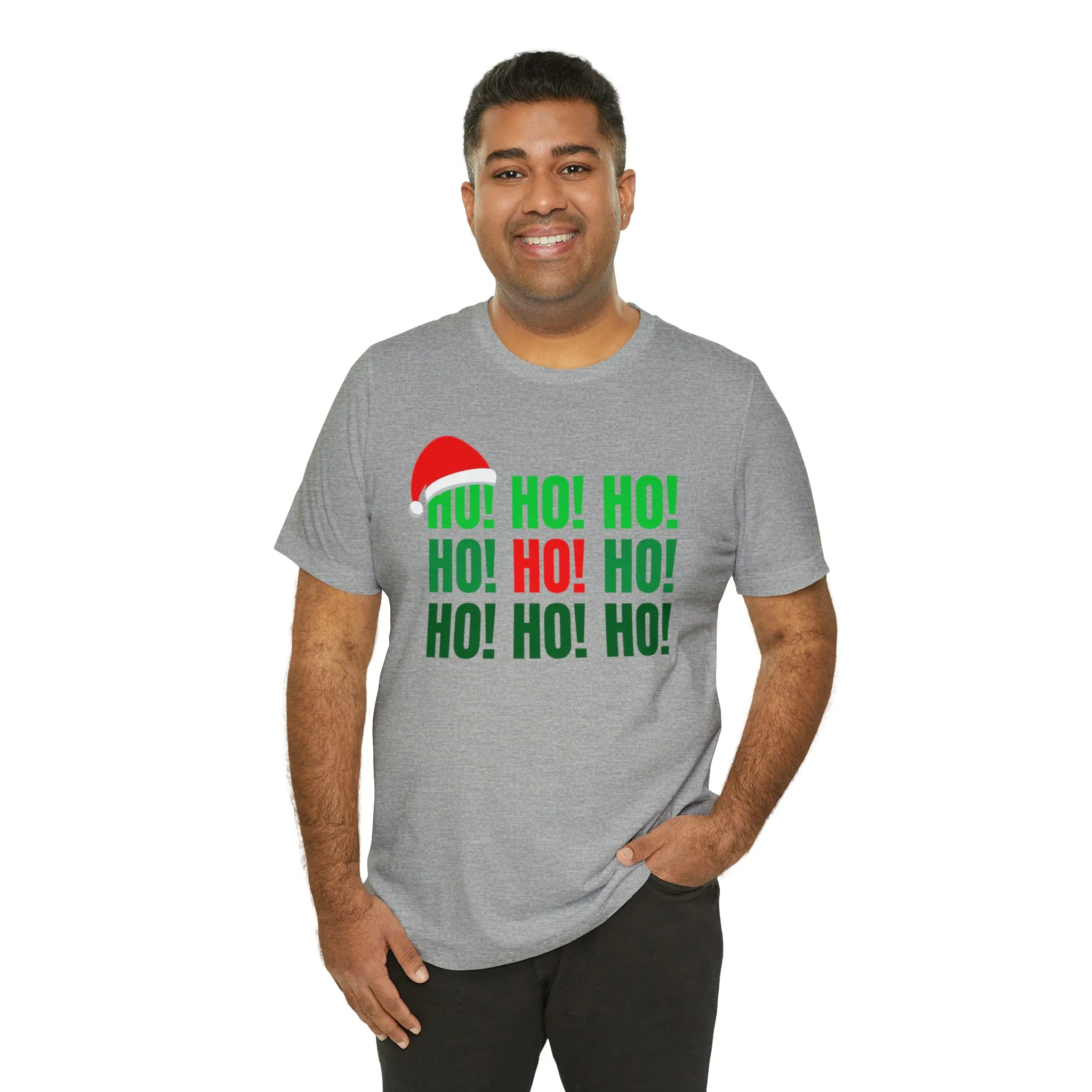 HO! HO! HO! Santa Hat T-Shirt | Red and Green Ho Ho Ho Tee |  Bella Canvas 3001Unisex | Funny Short Sleeve Tshirt