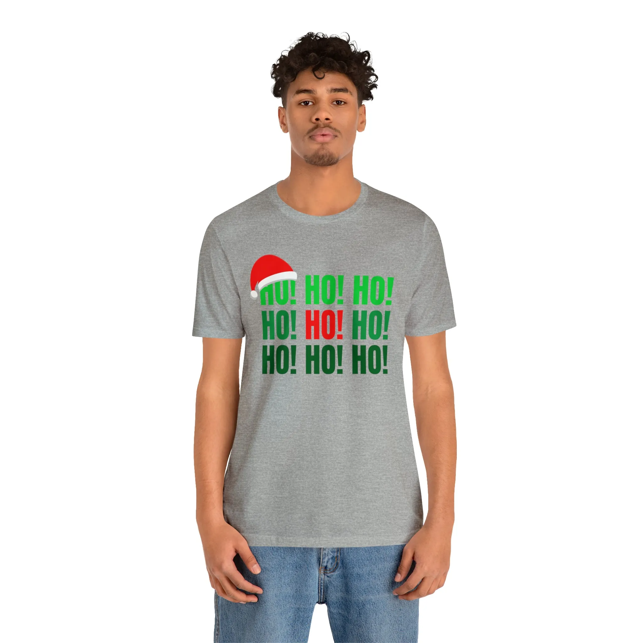 HO! HO! HO! Santa Hat T-Shirt | Red and Green Ho Ho Ho Tee |  Bella Canvas 3001Unisex | Funny Short Sleeve Tshirt