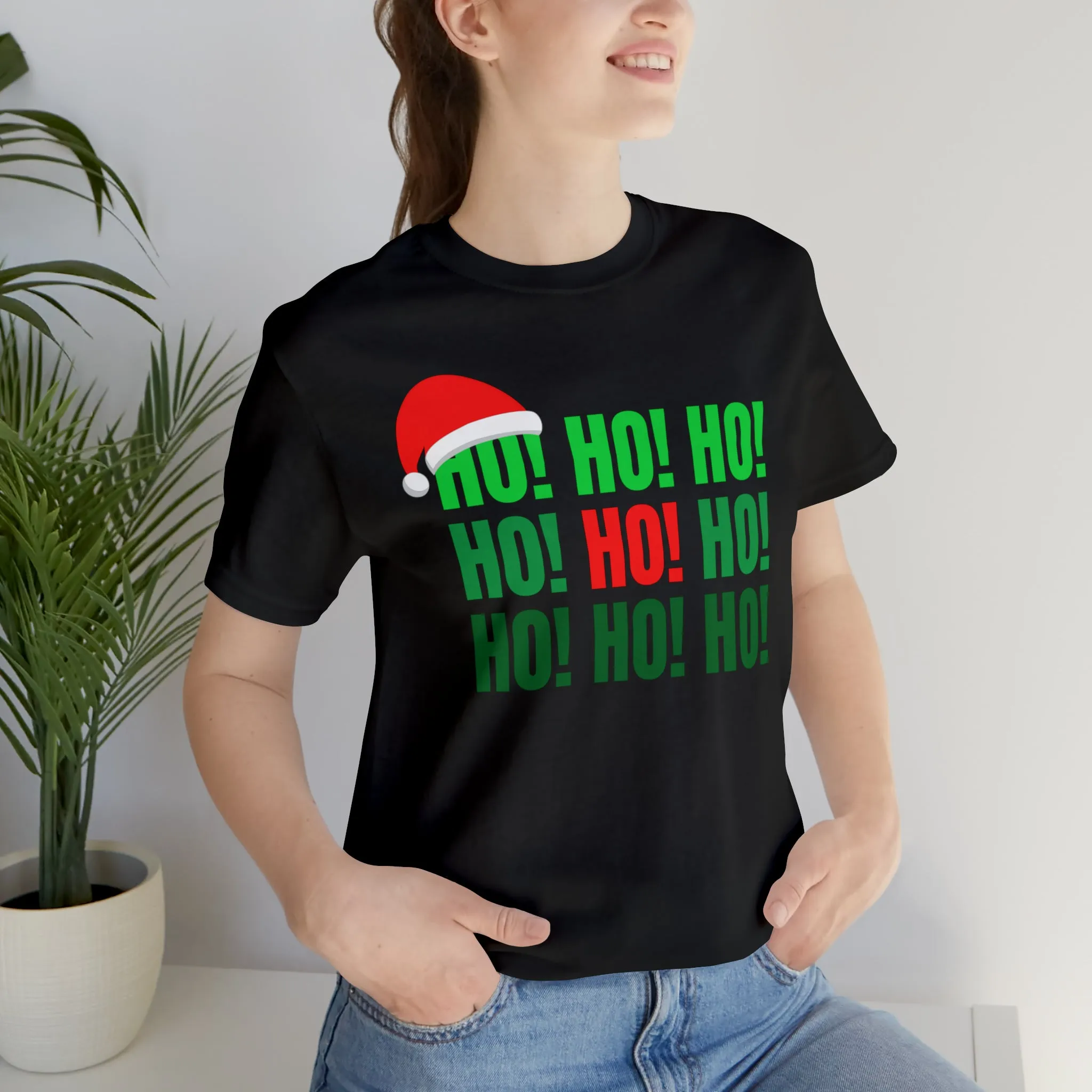 HO! HO! HO! Santa Hat T-Shirt | Red and Green Ho Ho Ho Tee |  Bella Canvas 3001Unisex | Funny Short Sleeve Tshirt