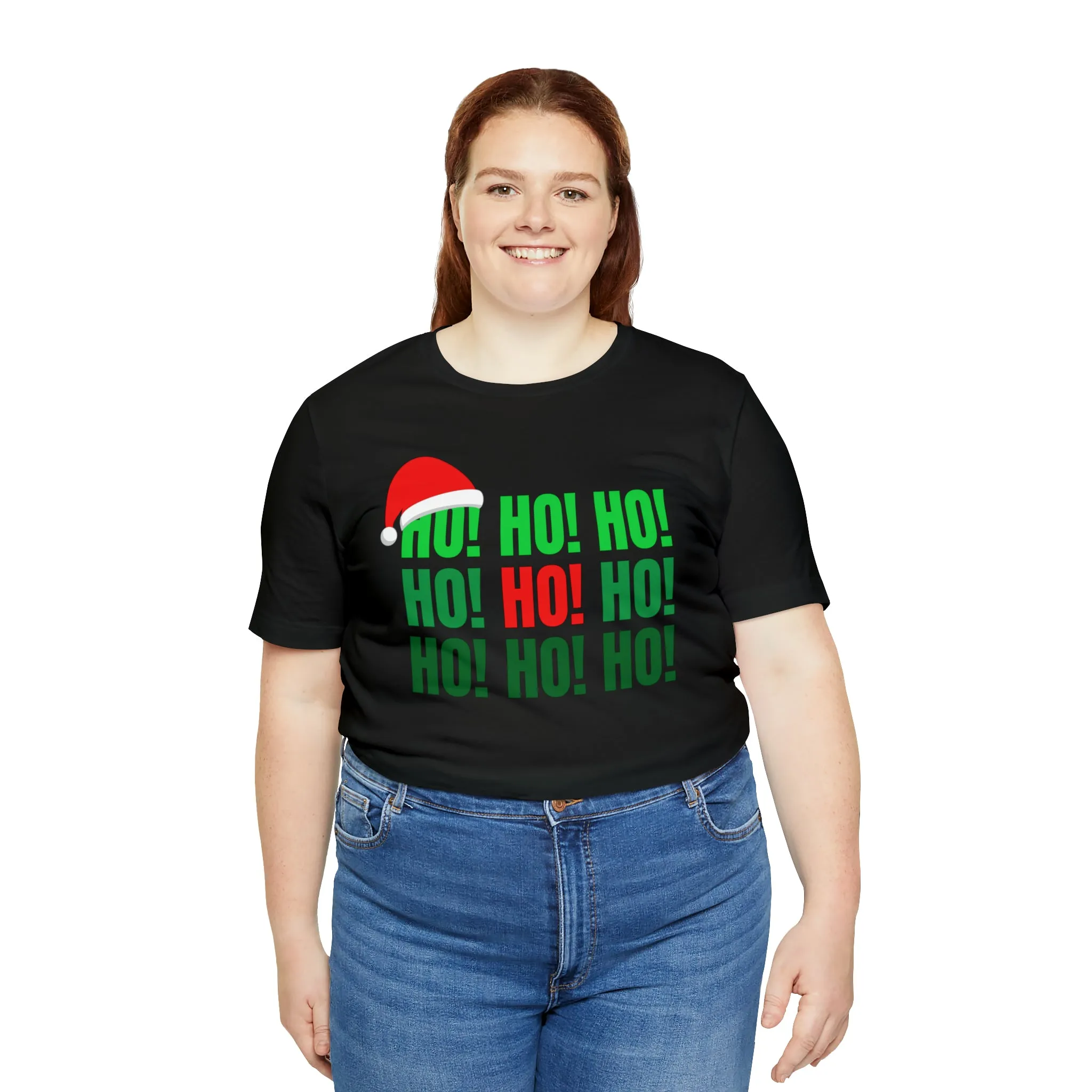 HO! HO! HO! Santa Hat T-Shirt | Red and Green Ho Ho Ho Tee |  Bella Canvas 3001Unisex | Funny Short Sleeve Tshirt
