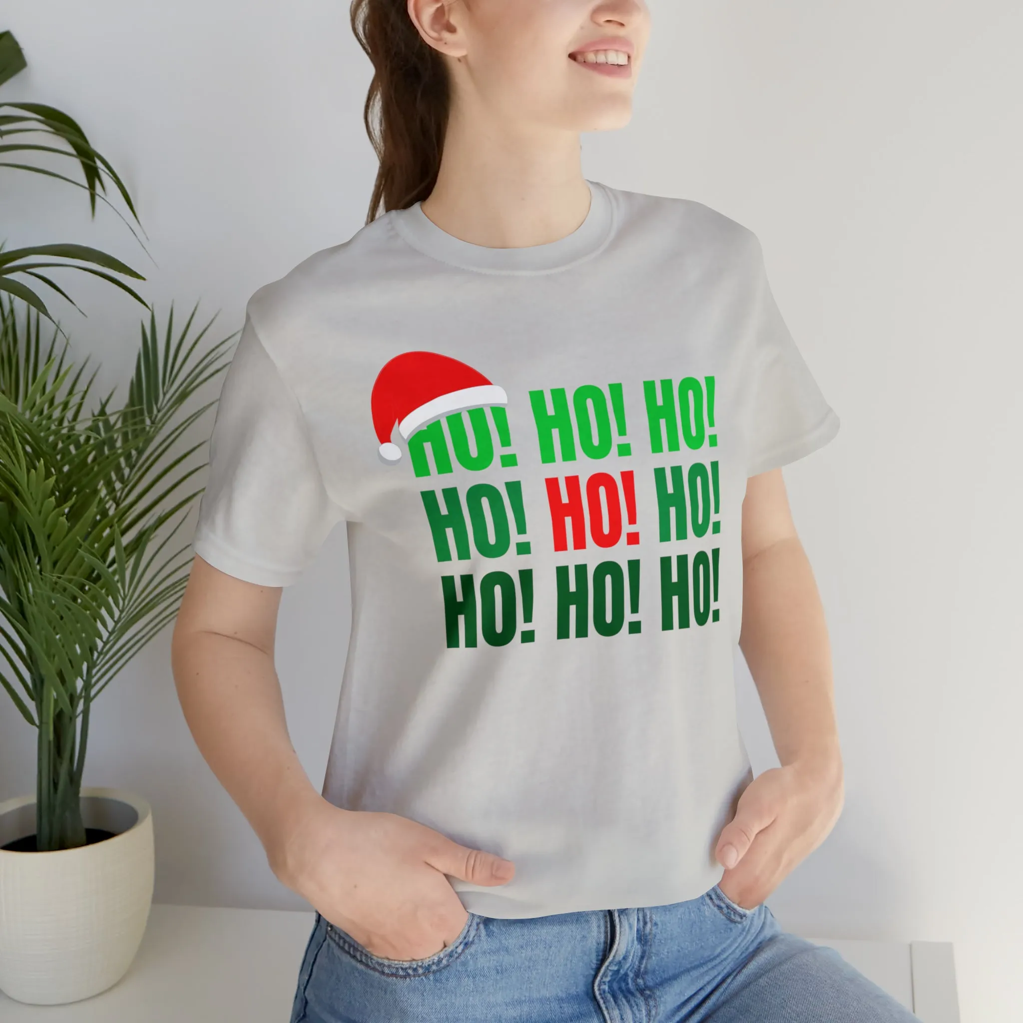 HO! HO! HO! Santa Hat T-Shirt | Red and Green Ho Ho Ho Tee |  Bella Canvas 3001Unisex | Funny Short Sleeve Tshirt