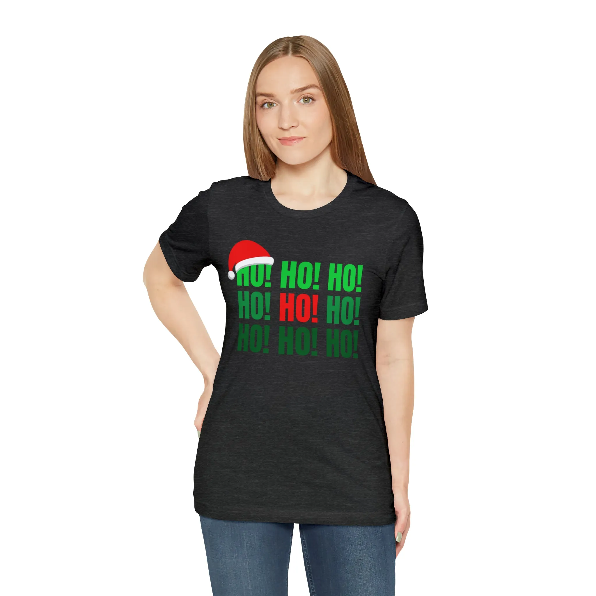 HO! HO! HO! Santa Hat T-Shirt | Red and Green Ho Ho Ho Tee |  Bella Canvas 3001Unisex | Funny Short Sleeve Tshirt