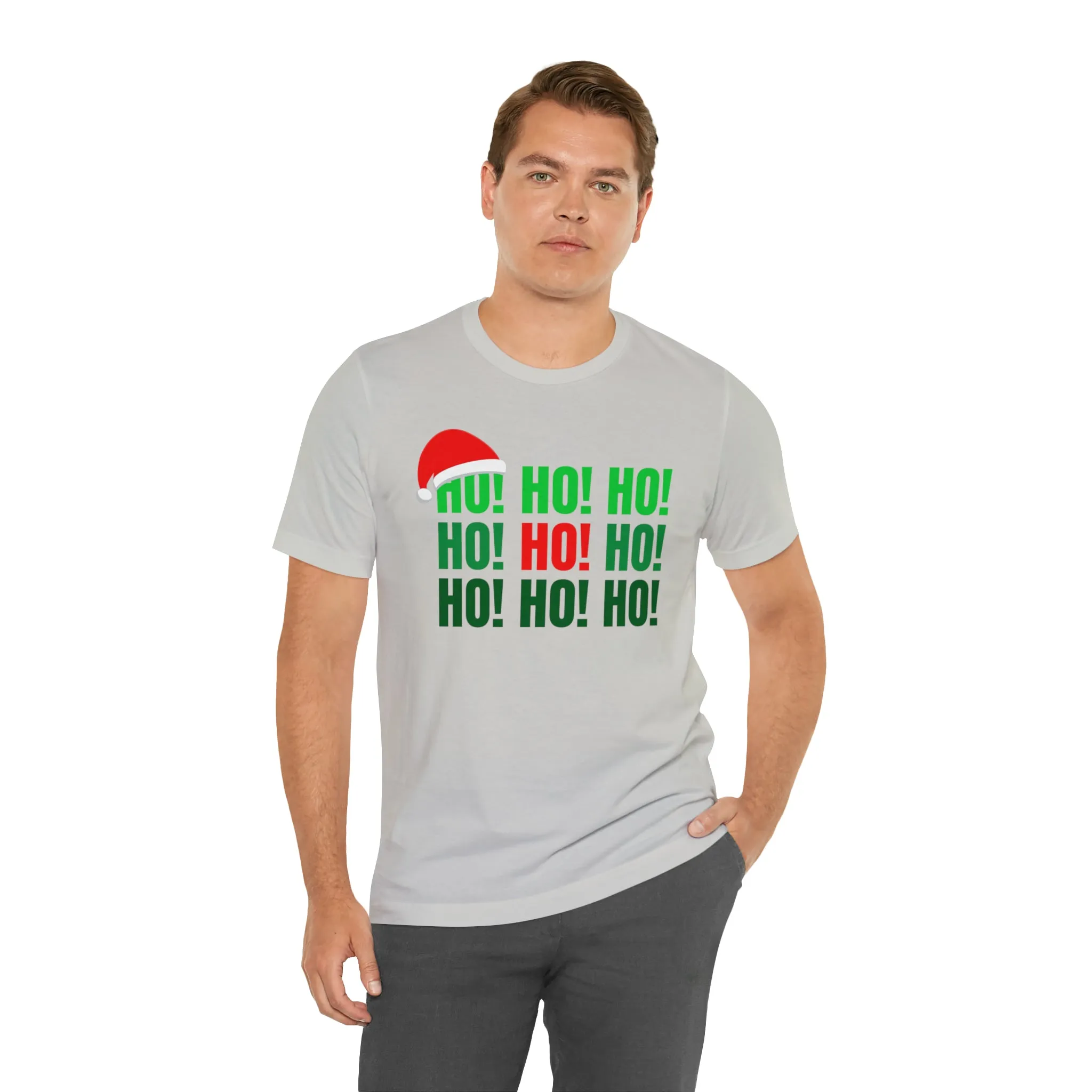 HO! HO! HO! Santa Hat T-Shirt | Red and Green Ho Ho Ho Tee |  Bella Canvas 3001Unisex | Funny Short Sleeve Tshirt