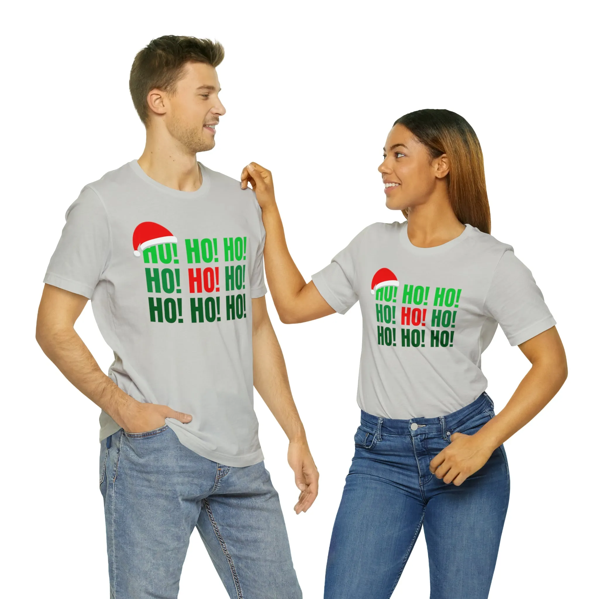 HO! HO! HO! Santa Hat T-Shirt | Red and Green Ho Ho Ho Tee |  Bella Canvas 3001Unisex | Funny Short Sleeve Tshirt