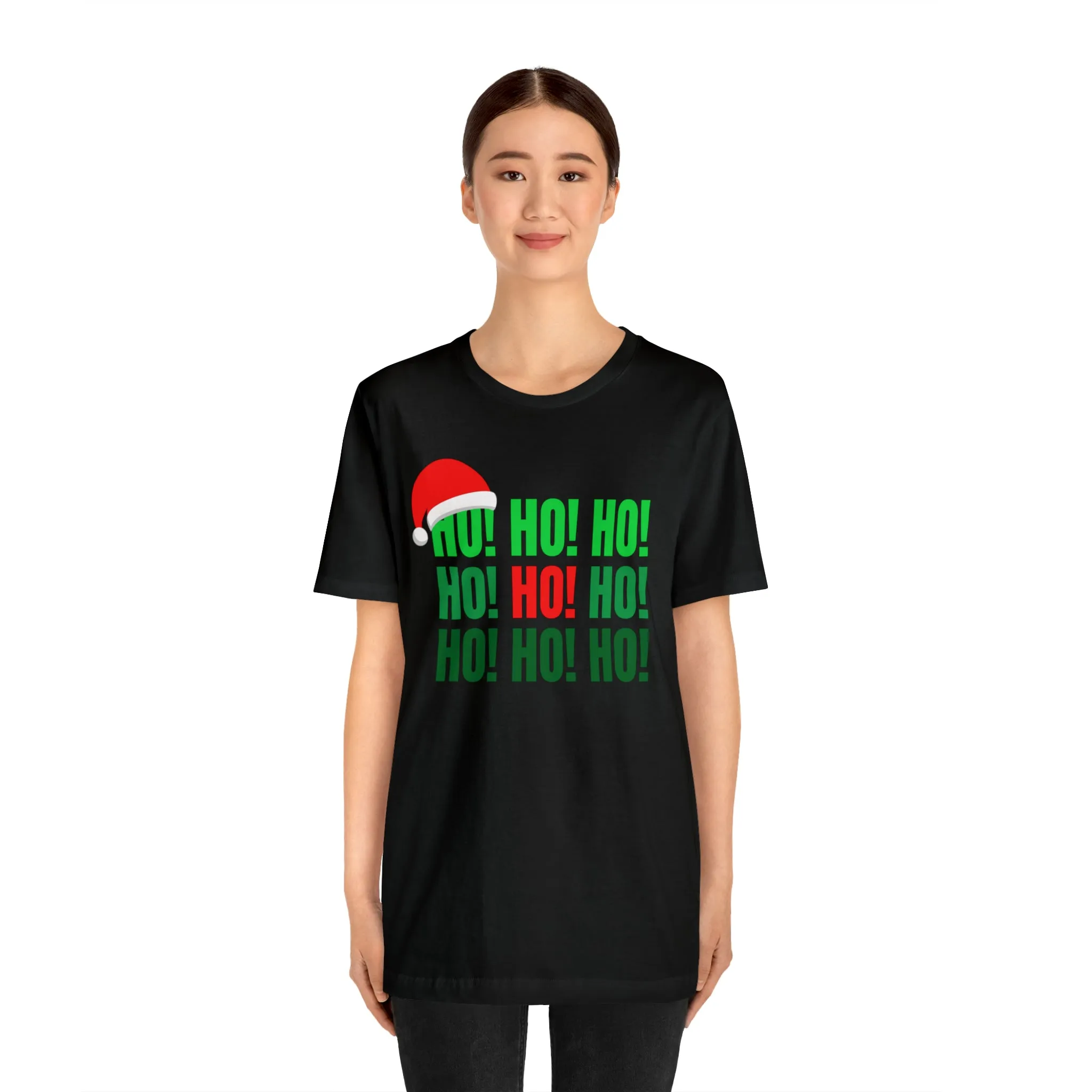 HO! HO! HO! Santa Hat T-Shirt | Red and Green Ho Ho Ho Tee |  Bella Canvas 3001Unisex | Funny Short Sleeve Tshirt