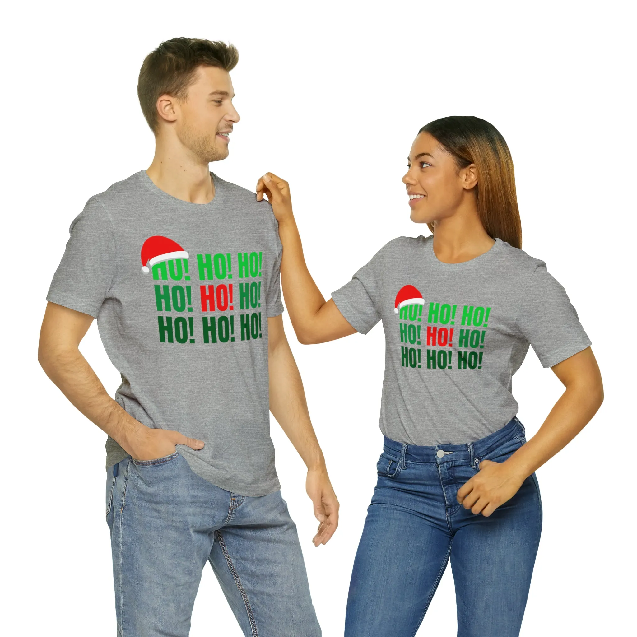 HO! HO! HO! Santa Hat T-Shirt | Red and Green Ho Ho Ho Tee |  Bella Canvas 3001Unisex | Funny Short Sleeve Tshirt