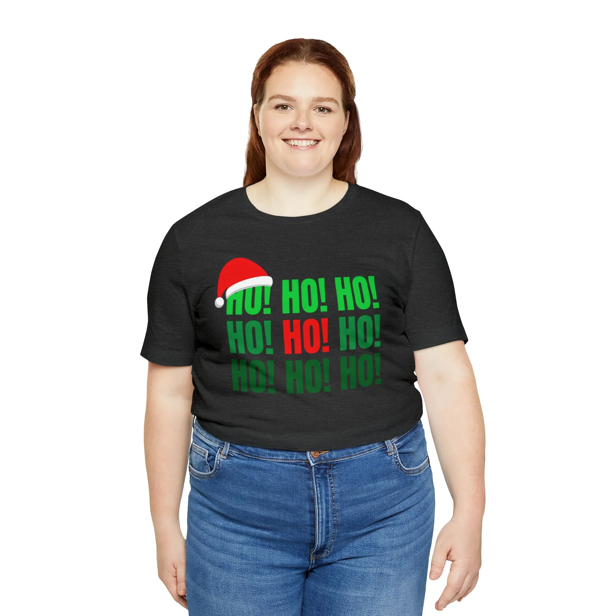 HO! HO! HO! Santa Hat T-Shirt | Red and Green Ho Ho Ho Tee |  Bella Canvas 3001Unisex | Funny Short Sleeve Tshirt