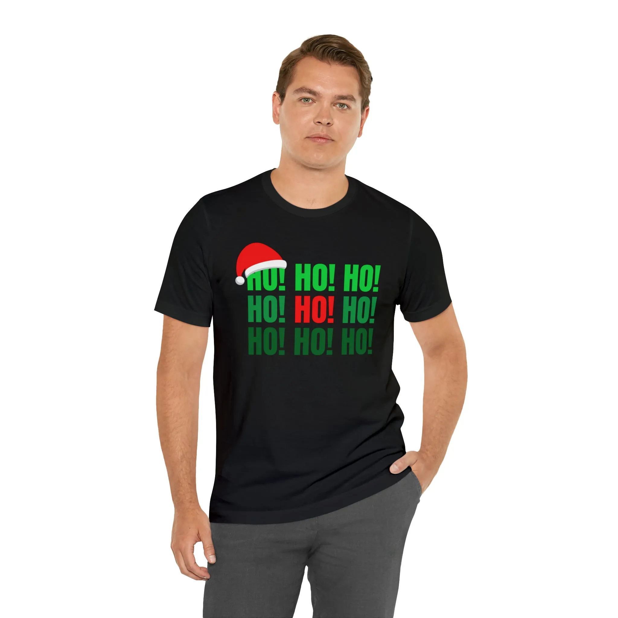 HO! HO! HO! Santa Hat T-Shirt | Red and Green Ho Ho Ho Tee |  Bella Canvas 3001Unisex | Funny Short Sleeve Tshirt