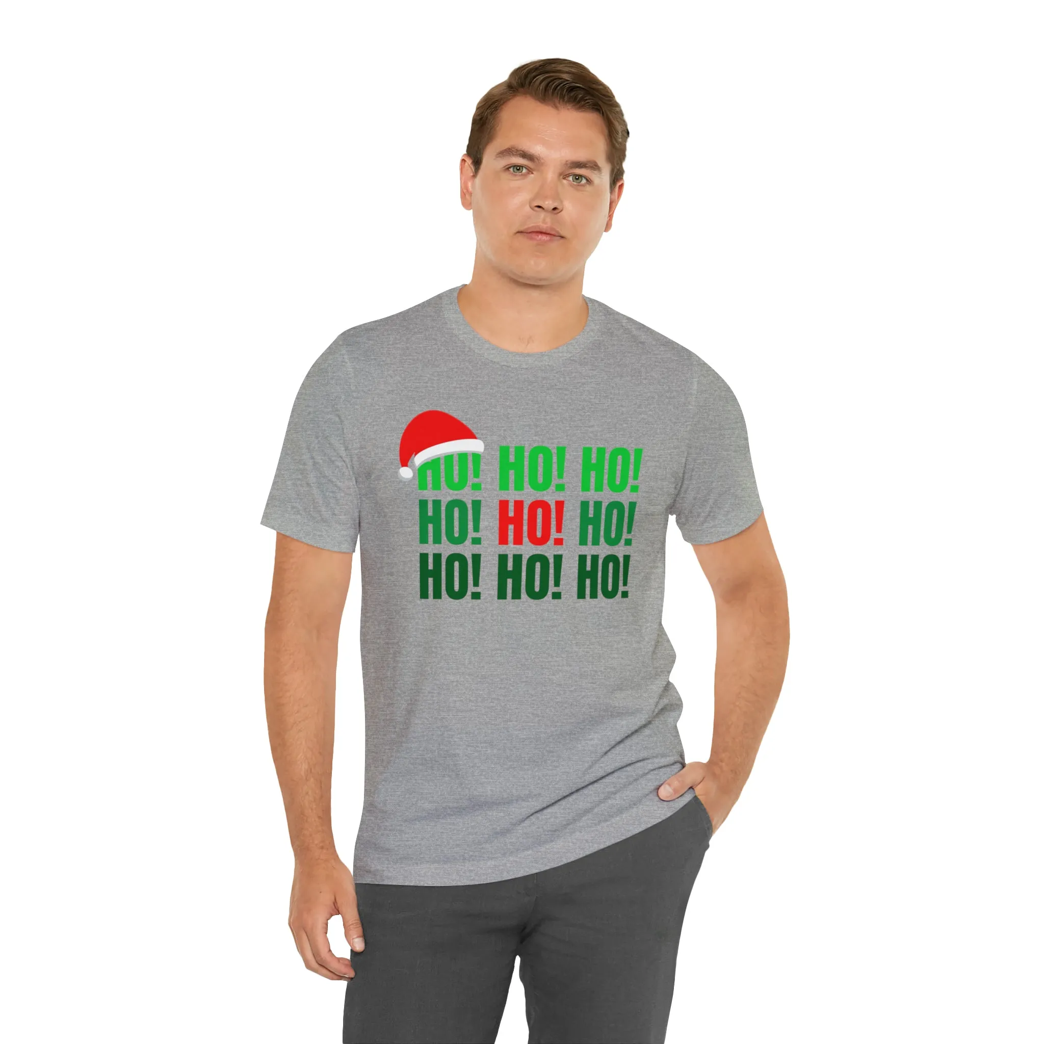 HO! HO! HO! Santa Hat T-Shirt | Red and Green Ho Ho Ho Tee |  Bella Canvas 3001Unisex | Funny Short Sleeve Tshirt