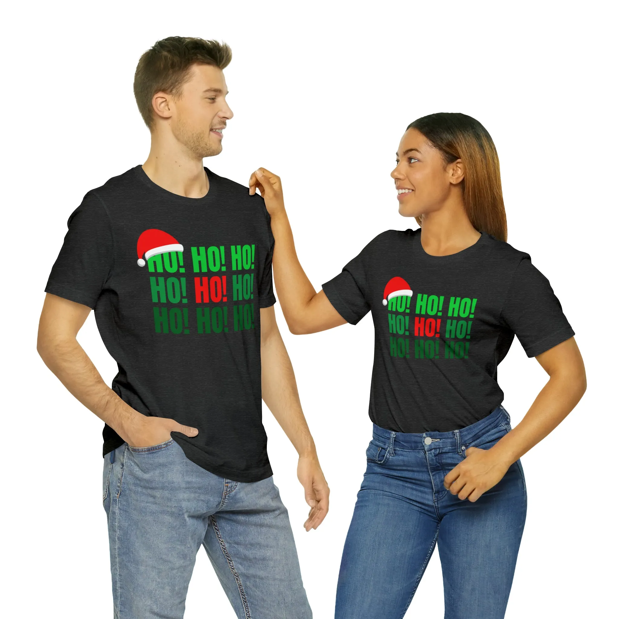 HO! HO! HO! Santa Hat T-Shirt | Red and Green Ho Ho Ho Tee |  Bella Canvas 3001Unisex | Funny Short Sleeve Tshirt