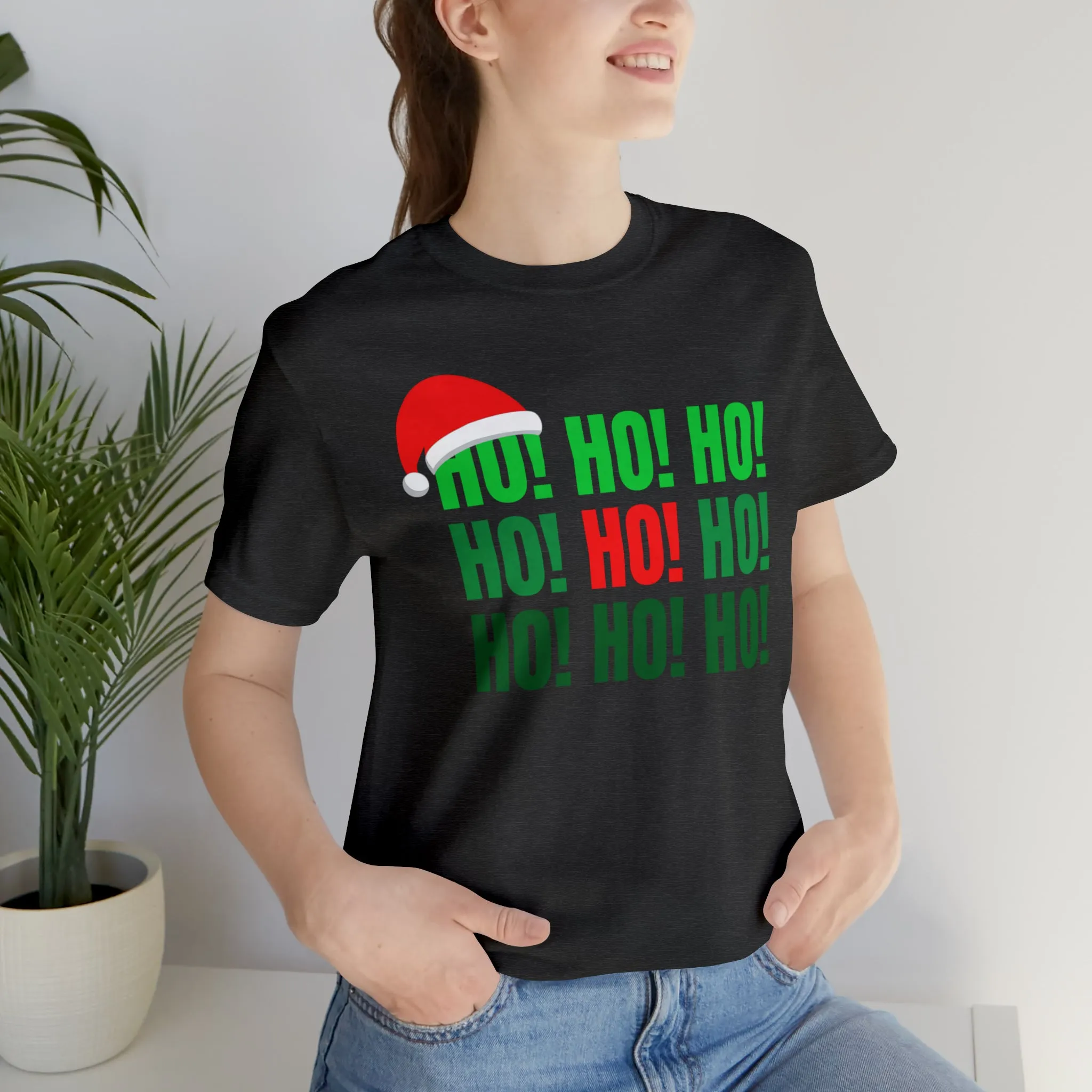 HO! HO! HO! Santa Hat T-Shirt | Red and Green Ho Ho Ho Tee |  Bella Canvas 3001Unisex | Funny Short Sleeve Tshirt