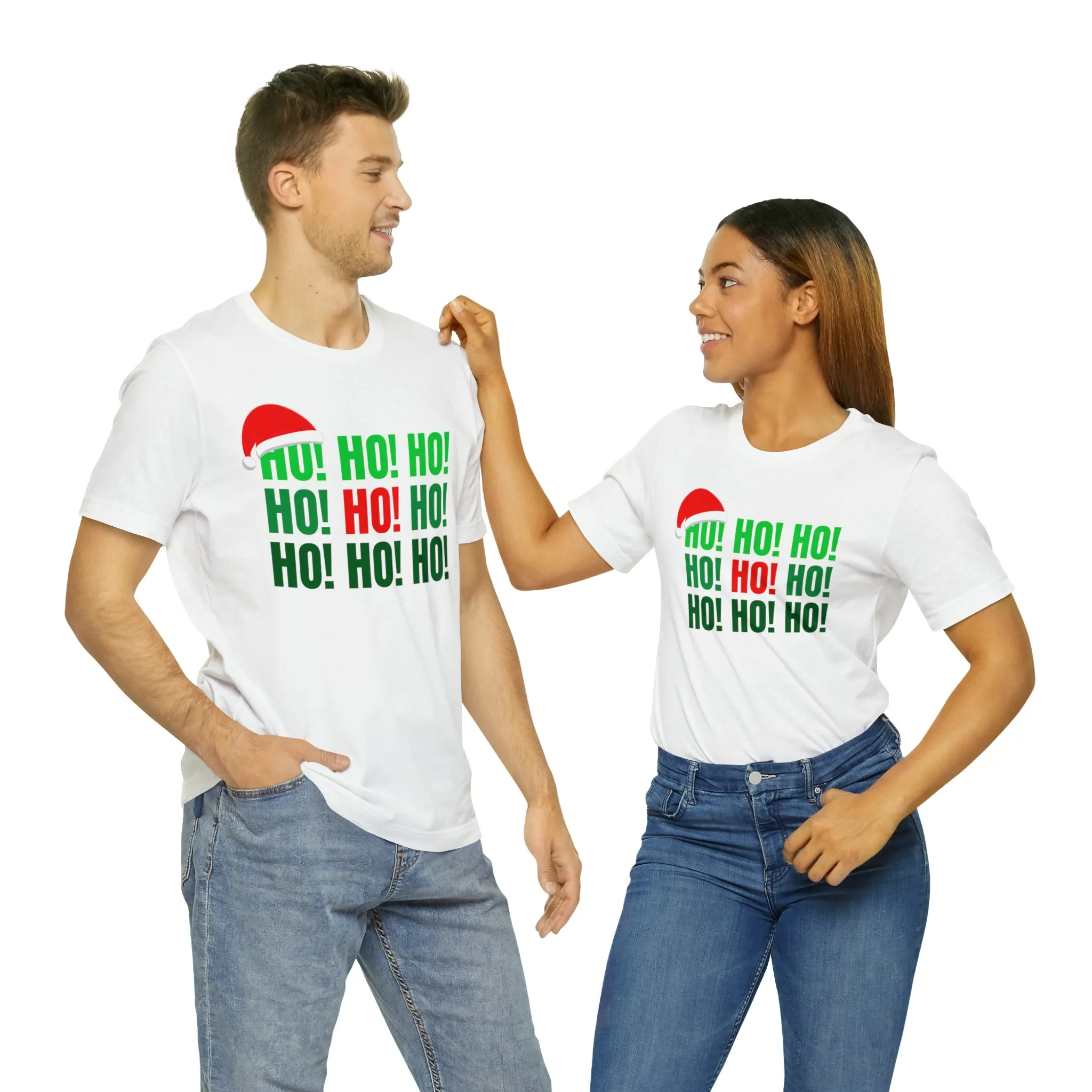 HO! HO! HO! Santa Hat T-Shirt | Red and Green Ho Ho Ho Tee |  Bella Canvas 3001Unisex | Funny Short Sleeve Tshirt