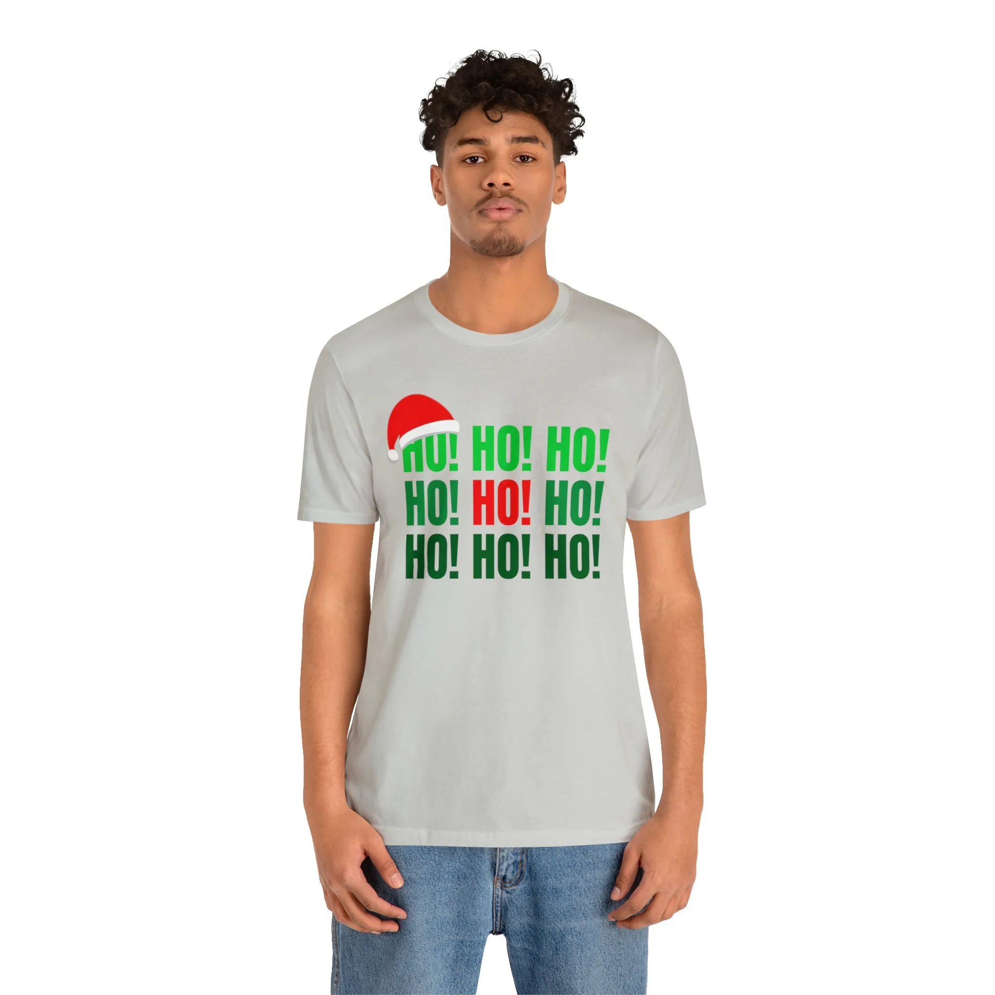 HO! HO! HO! Santa Hat T-Shirt | Red and Green Ho Ho Ho Tee |  Bella Canvas 3001Unisex | Funny Short Sleeve Tshirt