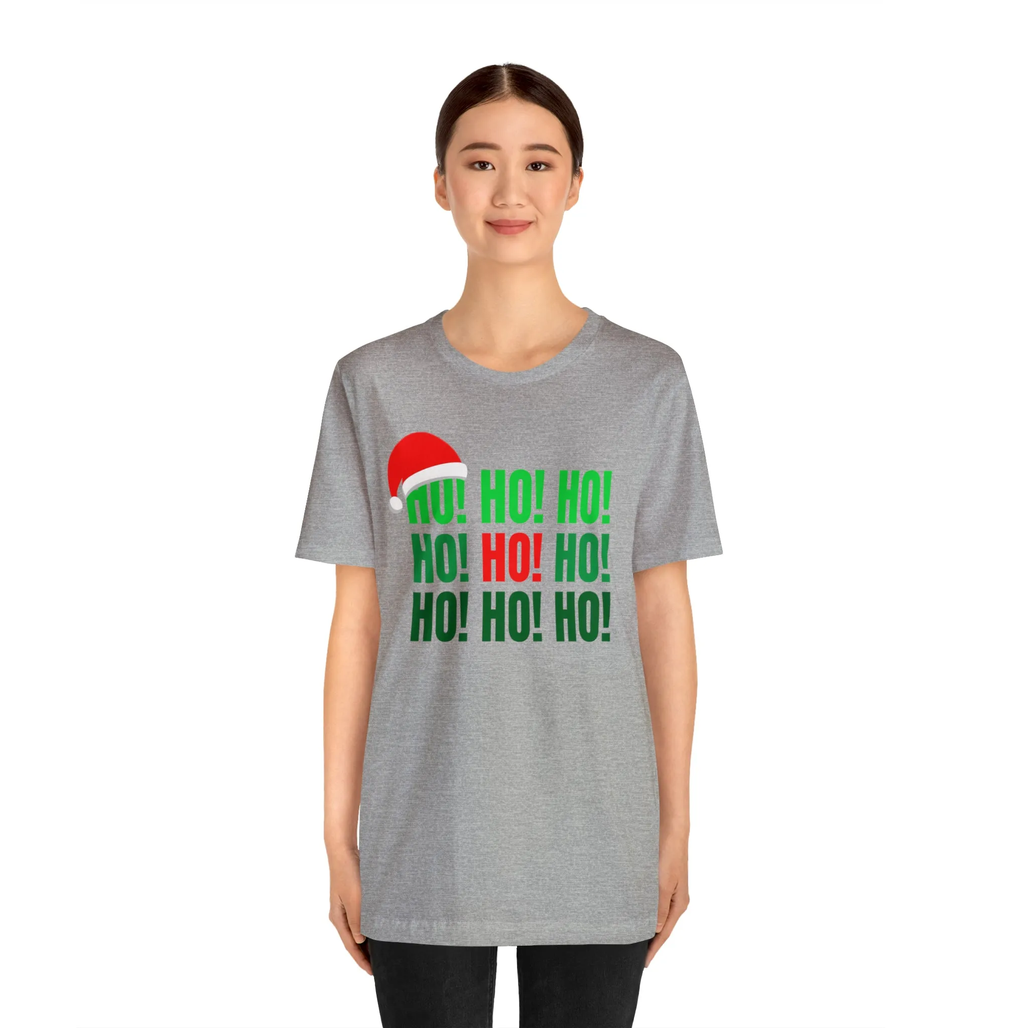 HO! HO! HO! Santa Hat T-Shirt | Red and Green Ho Ho Ho Tee |  Bella Canvas 3001Unisex | Funny Short Sleeve Tshirt