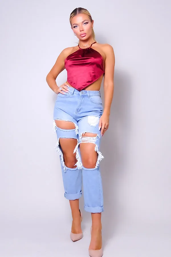 Jazmin Burgundy Sexy Spaghetti Strap Halter Scarf Top