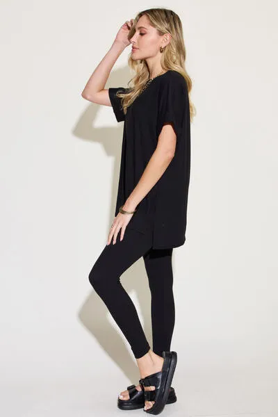 Kennedy Full Size Short Sleeve Slit T-Shirt and Leggings Lounge Set