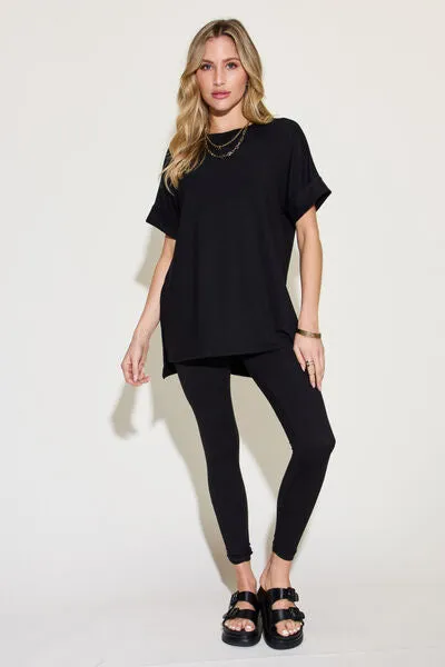 Kennedy Full Size Short Sleeve Slit T-Shirt and Leggings Lounge Set