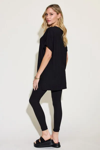 Kennedy Full Size Short Sleeve Slit T-Shirt and Leggings Lounge Set