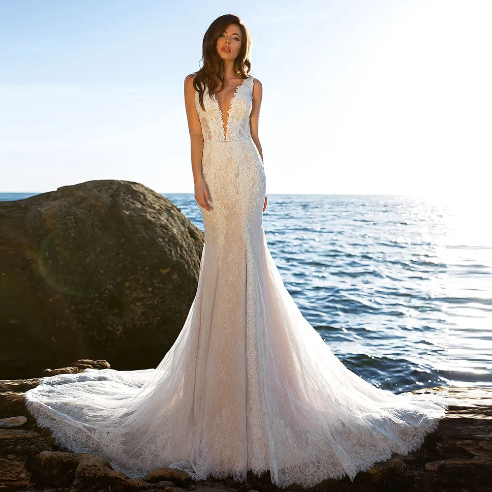Lace Mermaid Wedding Dress Deep V-neck