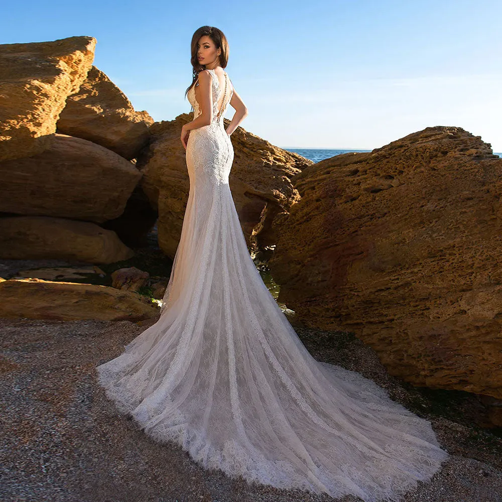 Lace Mermaid Wedding Dress Deep V-neck