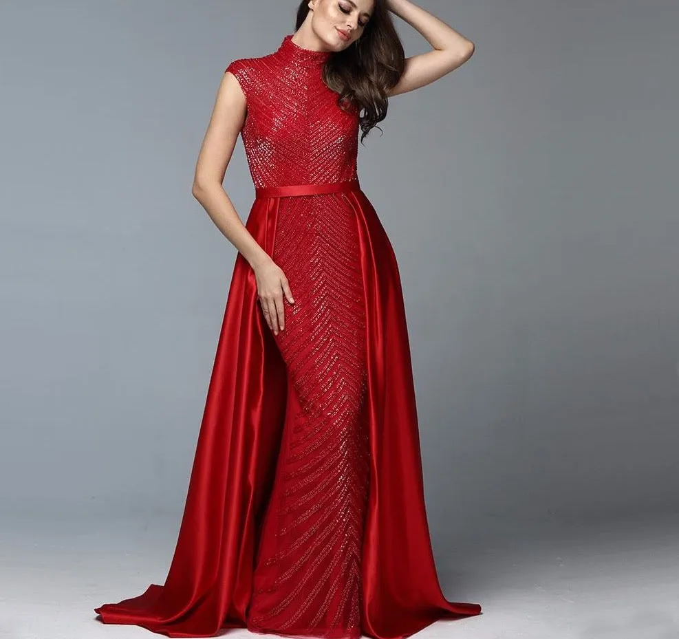 Latest Design Red High Neck Evening Dresses Dubai Sleeveless Beading Luxury Formal Dress