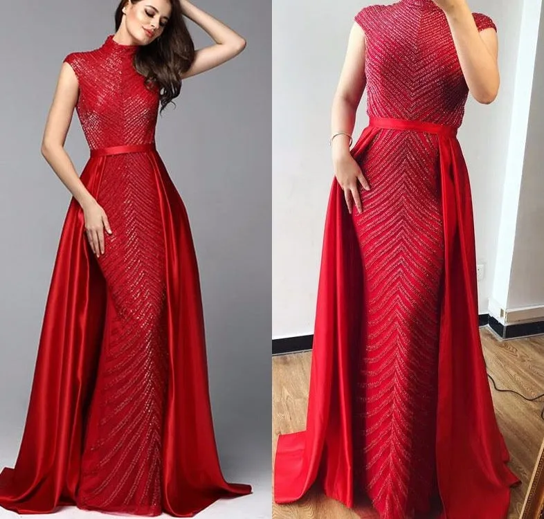 Latest Design Red High Neck Evening Dresses Dubai Sleeveless Beading Luxury Formal Dress