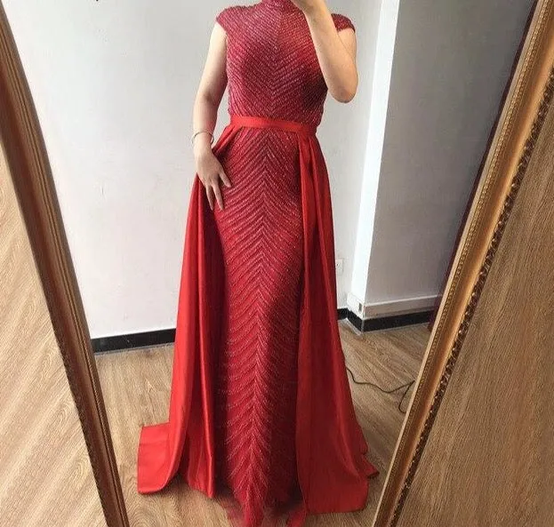 Latest Design Red High Neck Evening Dresses Dubai Sleeveless Beading Luxury Formal Dress