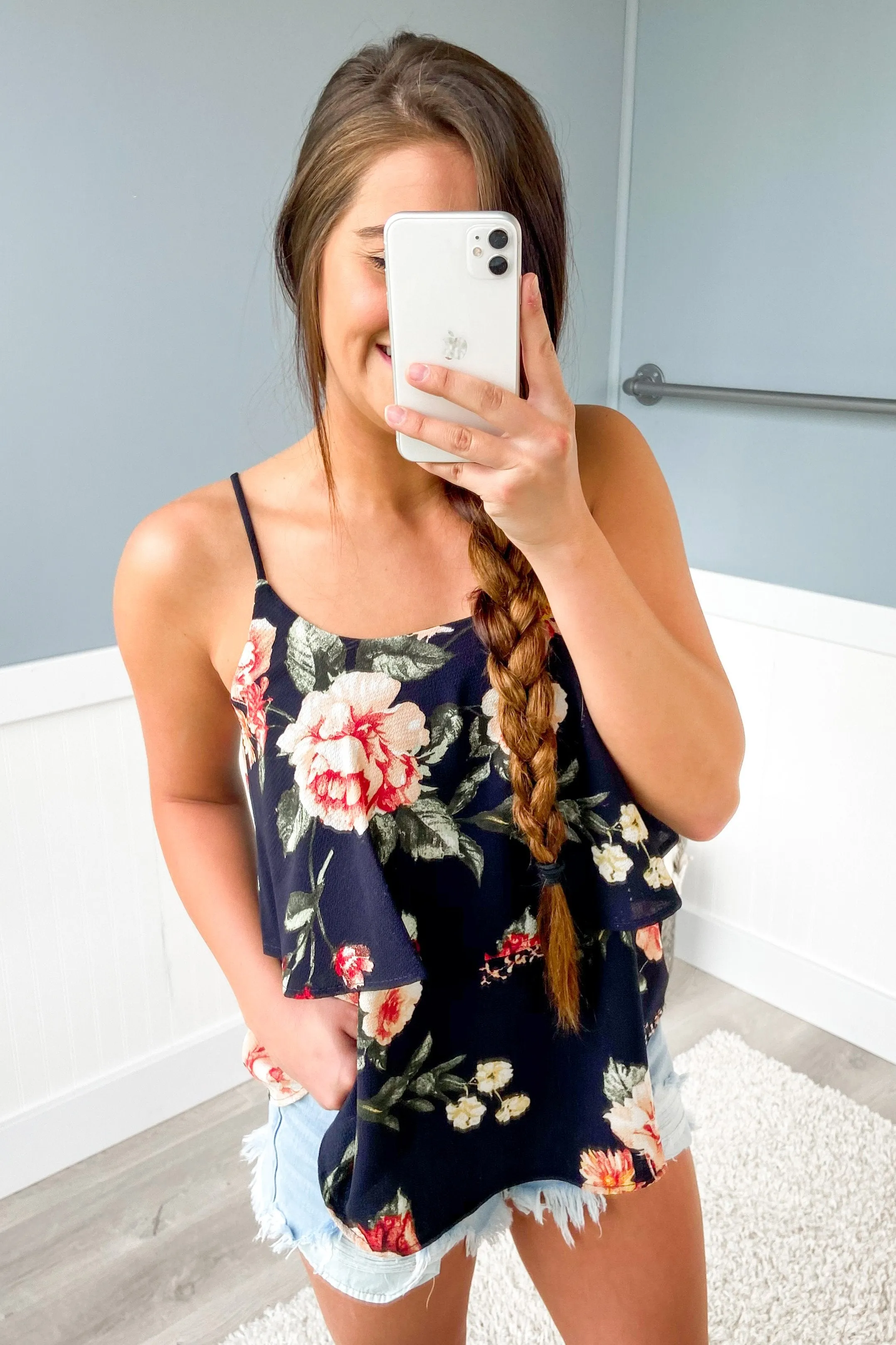 Leaning On You Floral Tank Top- Deep Navy