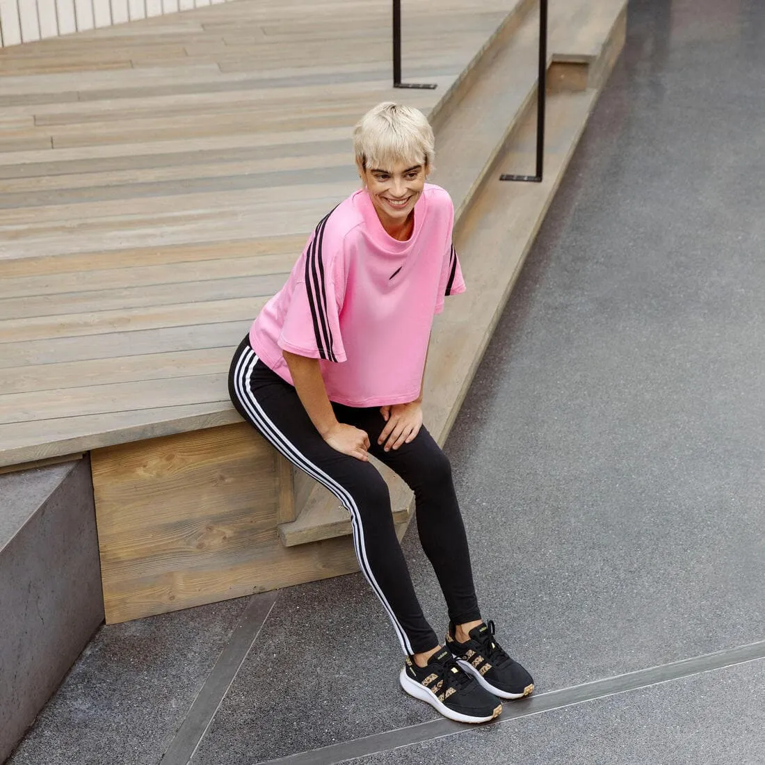 Legging fitness long coton majoritaire taille haute femme - 3 bandes noir blanc