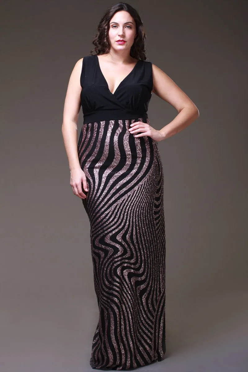 Long Black/Rose Semi Formal Dress V Neck Wide Straps Glitter