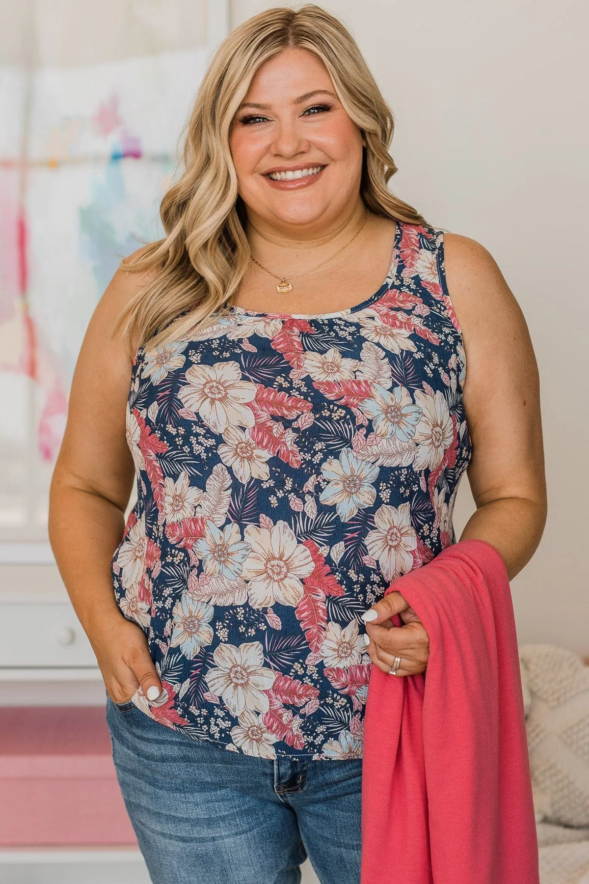 Meant To Be Together Floral Tank Top- Navy